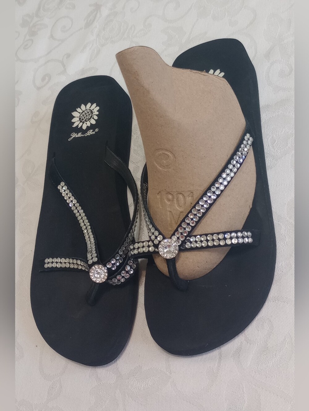 Yellow Box Black Rhinestone Embellished Flip Flop Sandals - Picture 2 of 6